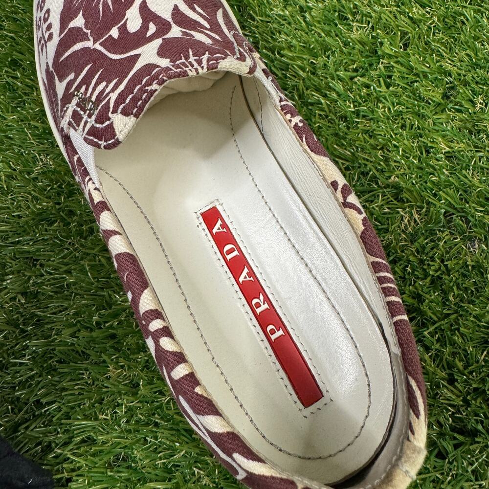 Prada Floral Slip-On Sneakers in White and Burgundy - Picture 5 of 9